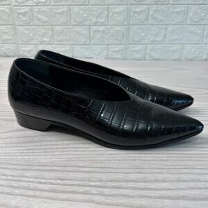 Alumnae V-Line Shoes 38.5 Black Textured Leather Pointed Toe Block Heel Slip On